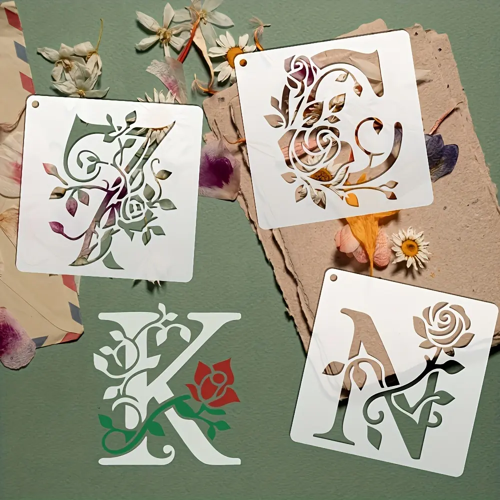 36pcs Floral Alphabet Stencils, Diy Craft Kit, 3.9 Inch Reusable Rose Letter DIY Painting Templates for Wall Decals, Appliques, Pillows, T-Shirts, Carving, Etching, Plates, Glasses, Napkins, Coasters, Scrapbooking, Cards, Scrapbooks, Fabric Transfer