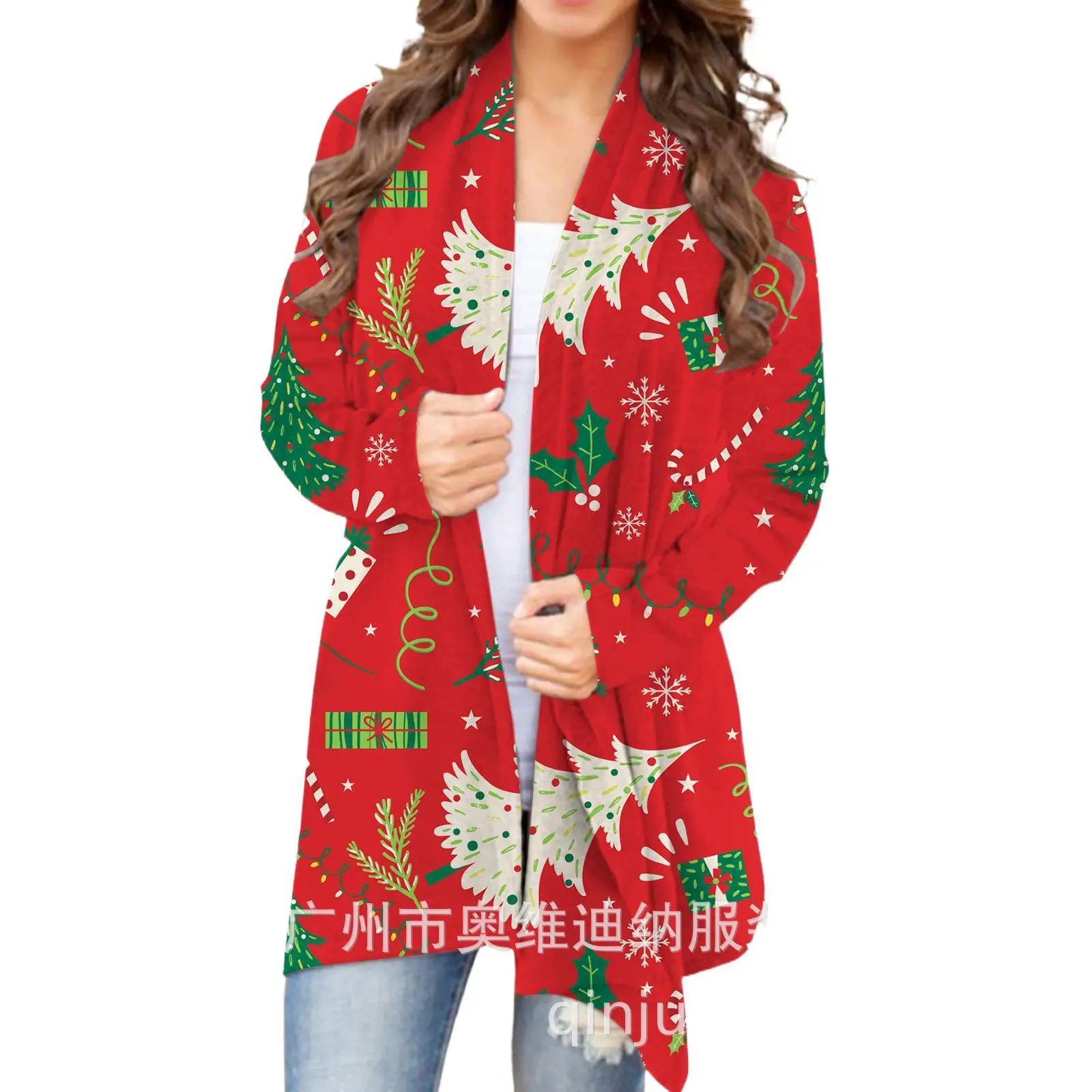 Christmas Digital Print Casual Long-Sleeve Cardigan for Women Festive Snowman Design