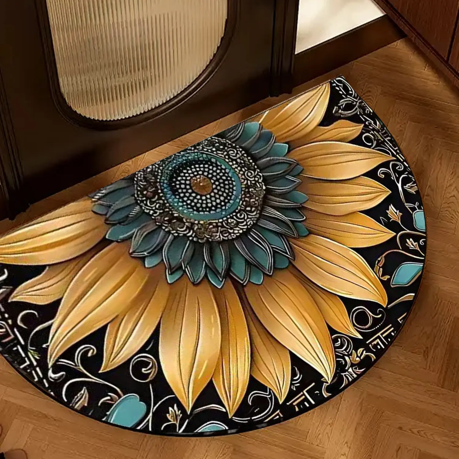 Semi-Circle 2D Flat Retro Sunflower Door Mat, Vibrant Floral Patterned Low-Profile Durable Indoor/Outdoor Mat for Porch Front Door Decor, Machine Washable Home & Bathroom Supply