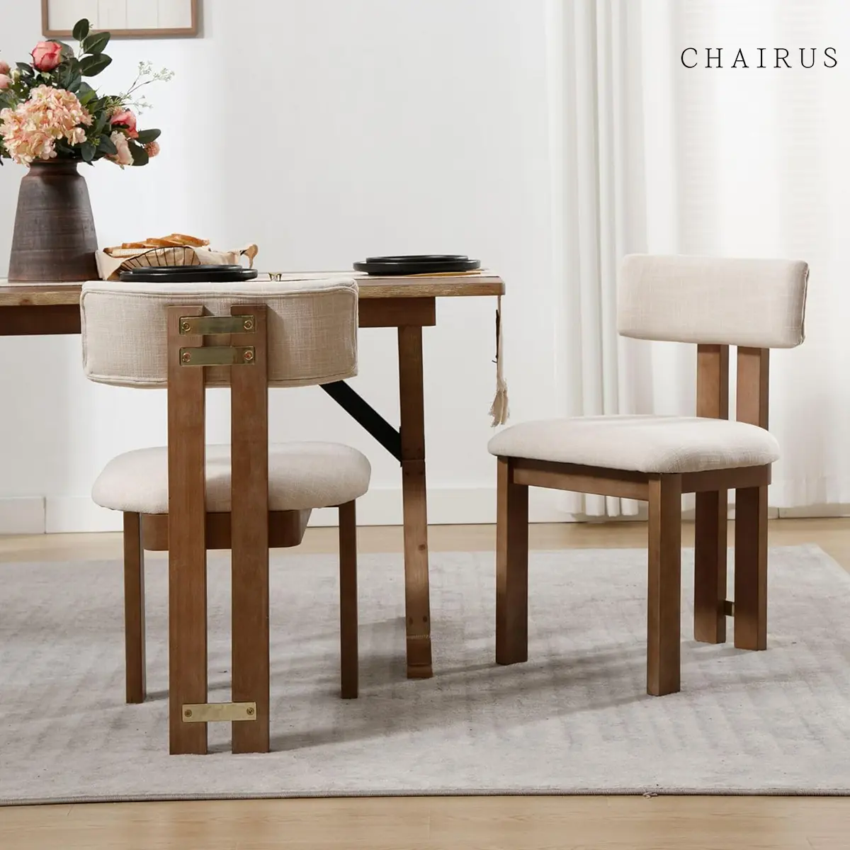 CHAIRUS Dining Chairs Set of 2  Modern Farmhouse Linen Upholstered Armless Accent Chairs with Curved Backrest and Natural Wood Legs  Beige Fabric Chairs for Dining Room  Kitchen  Living Room