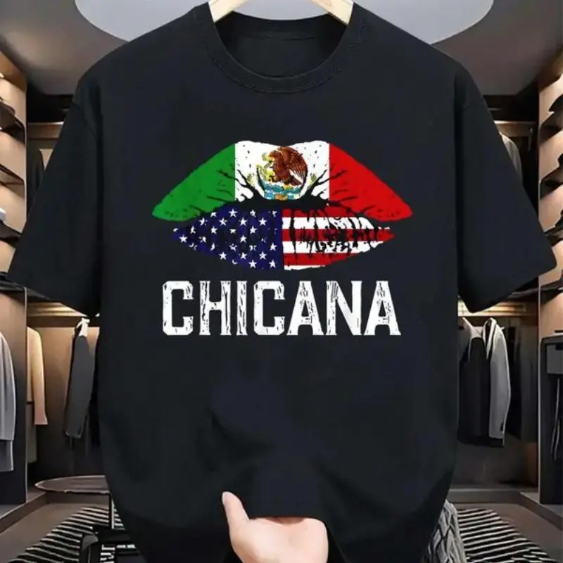 [ Cotton]  Cotton Chicana-Shirt Women Girls Kids Half American Half Mexican T-Shirt, Graphic Tees Men,Summer Tops Casual Crew Neck Cotton T-Shirt Womenswear Birthday T-Shirt For Men And Women Black Crewneck