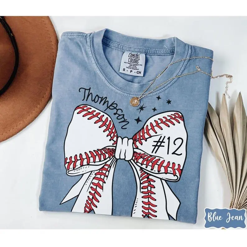Custom Baseball Number Comfort Colors® Shirt, Baseball Bow Tee, Personalized Baseball Player Shirt, Baseball Fan Gift, Sports Mom, Game Day