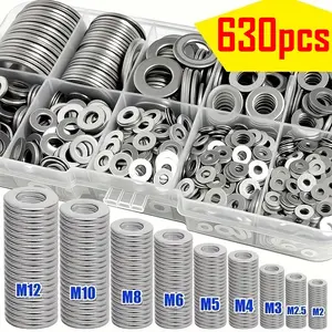 630pcs Flat Washer Assortment Kit (M2-M12 Sizes) with Storage Box | Heavy-Duty Lock Washers & Height-Increasing Spacers | Polished Finish Fasteners for Bolt/Screw Tightening, Industrial, Automotive & Electronics