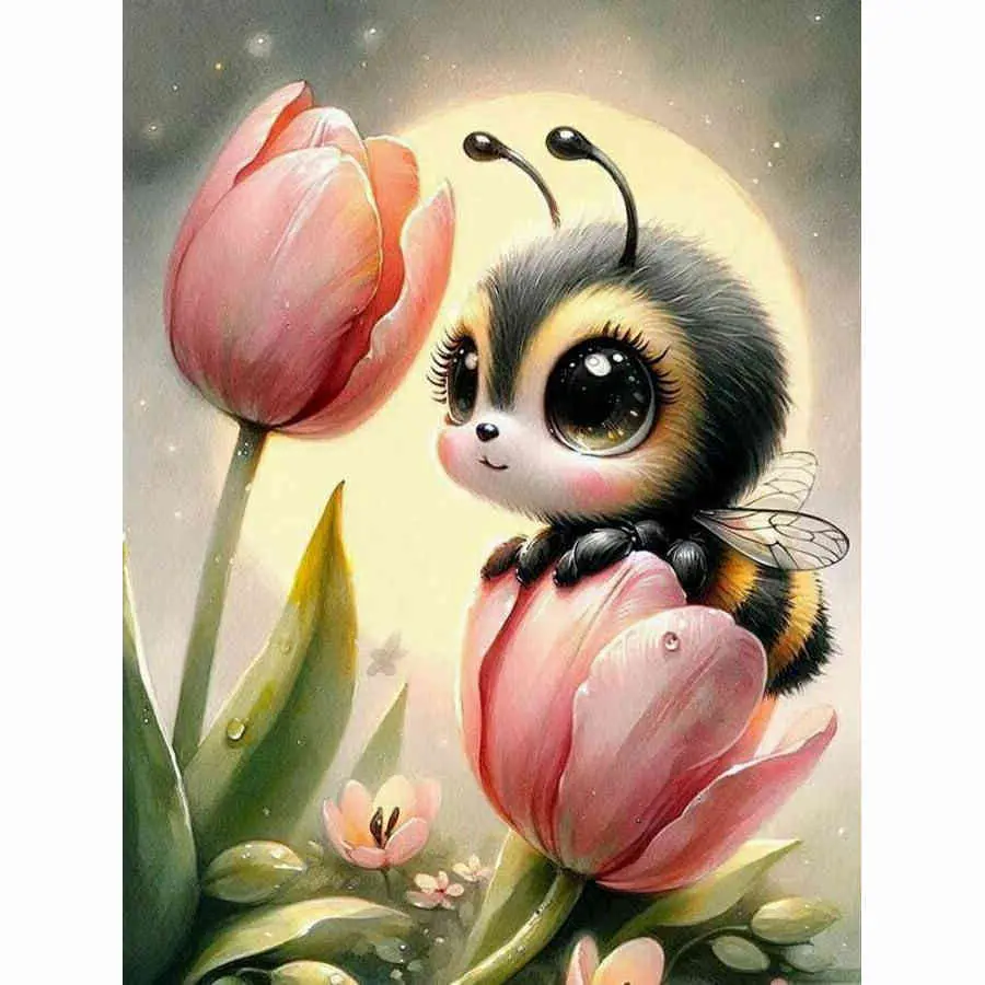 Cute Baby Bumblebee on Pink Tulips Diamond Painting Kit, Whimsical Watercolor Style Kawaii Bee with Big Eyes Art, High-Quality Full Drill Round & Square Rhinestone Mosaic, 5D DIY Handmade Cross Stitch Home Wall Decor, 12x16 inch / 30x40cm