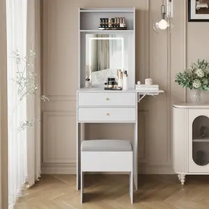ARTETHYS Small Vanity Desk Set with 3 Adjustable Lighted Mirror and Storage Chair Mini Makeup Vanities Set for Compact Space White Dressing Table with Fold-up Panel for Bedroom