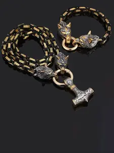 Vintage Viking Wolf Head Necklace and Bracelet Set, Unisex Hammer Pendant, Punk Hip Hop Style, Men Jewelry, Party Accessory, Gift for Men Women