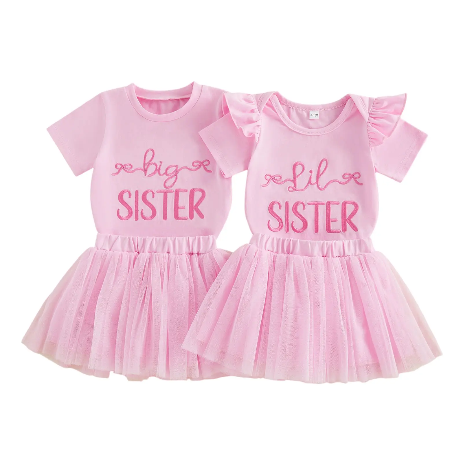 Toddler Baby Girls Big/Lil Sister Outfits Letter Embroidery Short Sleeve T-Shirt and Elastic Tulle Skirt Set Clothes 0-6 Years