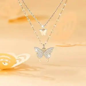 Layered Butterfly Necklace for Women,Vintage Crystal Necklace Vintage Layered Crystal Necklace Trendy Butterfly Jewelry