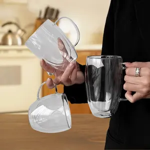 Double Layer Glass Coffee Cup with Handle, Insulated Borosilicate Glass, glass drinking cup, Drinkware, Suitable for Coffee Tea Juice Latte Cappuccino Cold Hot Drinks