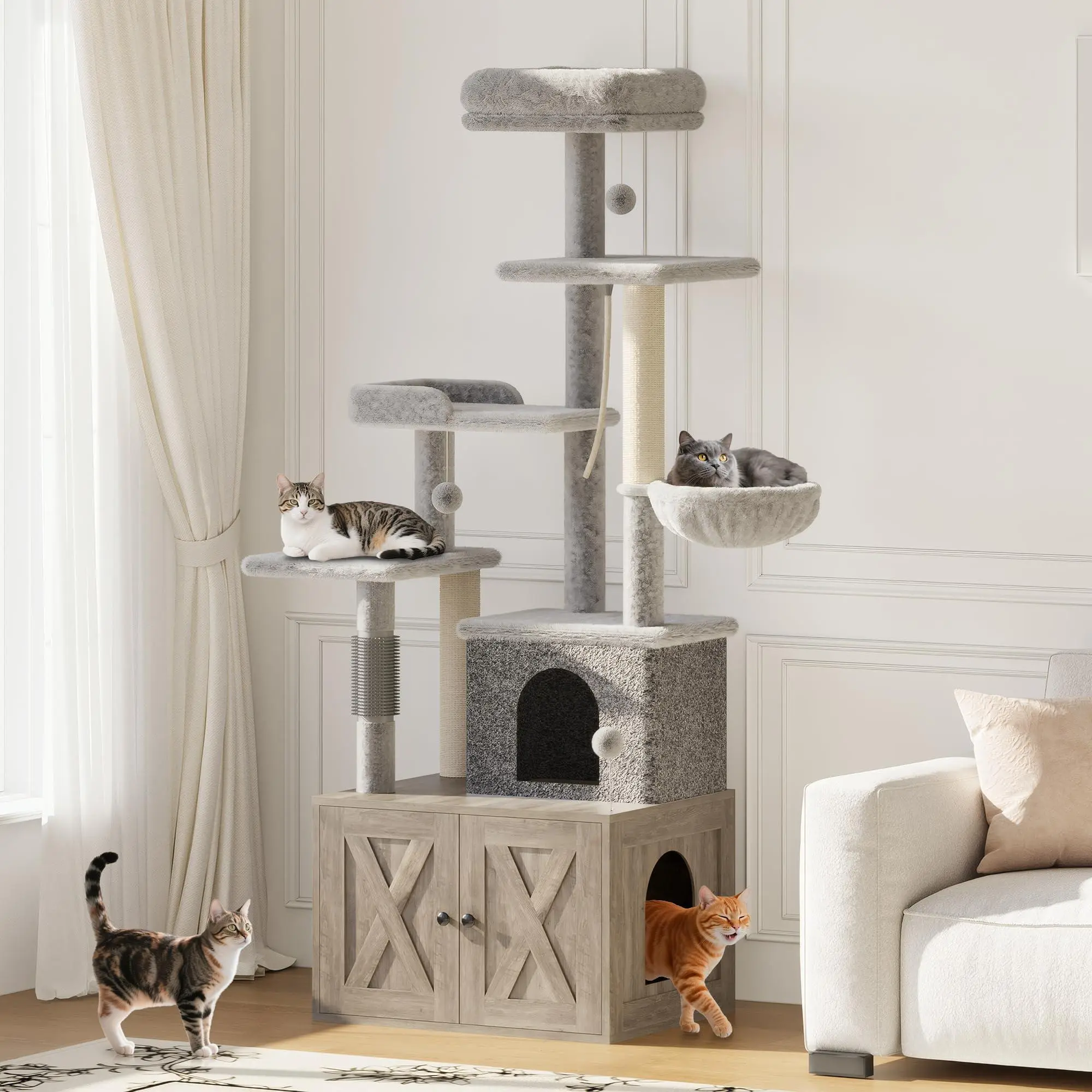 2-in-1 Cat Litter Box Enclosure with Cat Tree, Modern Hidden Washroom Furniture, Wood Cat Condo with Scratching Post & Hammock, Indoor Pet Furniture with Multiple Platforms - Grey