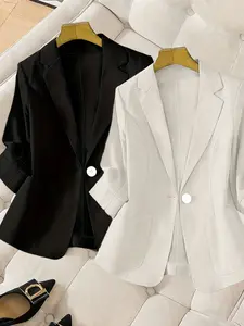 Women's two-piece plain color Fitted single-breasted double-pocket half-sleeve five-point suit jacket, Notched Lapel Dressy Blazer Jackets, suitable for spring and summer suitable for commuting outfit.