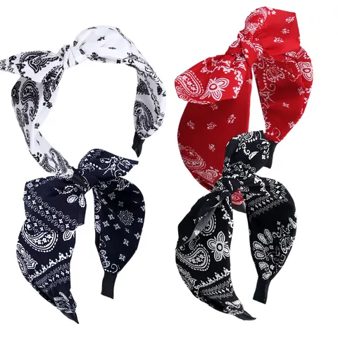 4PCS Paisley Print Wide Bow Headbands for Women Bandana Rabbit Ear Elastic Hairband Cute Knot Headbands Hair Accessories