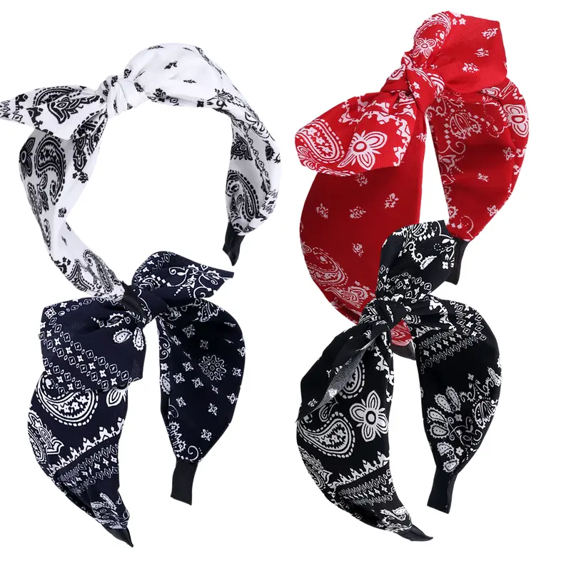 4PCS Paisley Print Wide Bow Headbands for Women Bandana Rabbit Ear Elastic Hairband Cute Knot Headbands Hair Accessories