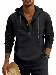 Men's Mixed Linen Hoodie, Casual Summer Henry Shirt, Breathable Linen Hooded Sweatshirt (multiple Colors), 1 Piece Pack