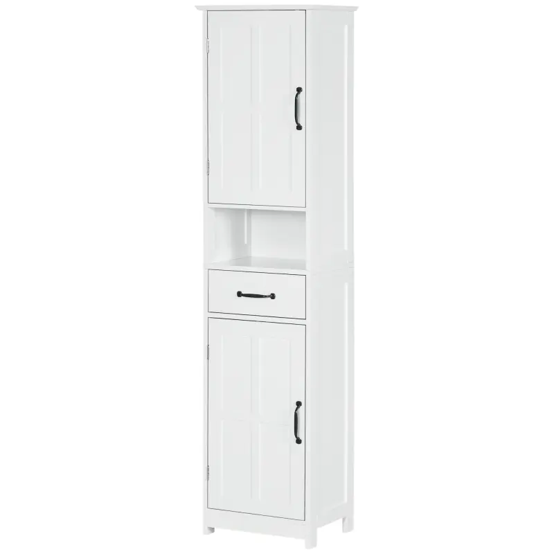 Kleankin Modern Slim Tall Bathroom Storage Cabinet, Linen Tower with Open Shelf, Drawer, Recessed Doors, and Adjustable Shelves, White