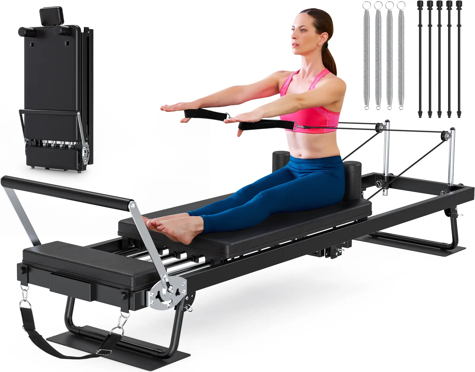 Foldable Pilates Reformer, Pilates Machine & Equipment for Gym Workout and Home Use, Suitable for Intermediate and Beginners Users Stretch Rope