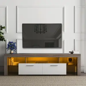【Bellemave】20 minutes quick assembly brown simple modern TV stand with the toughened glass shelf Floor cabinet Floor TV wall cabinet Brown + whiteTV bracket with LED Color Changing Lights for Living Room