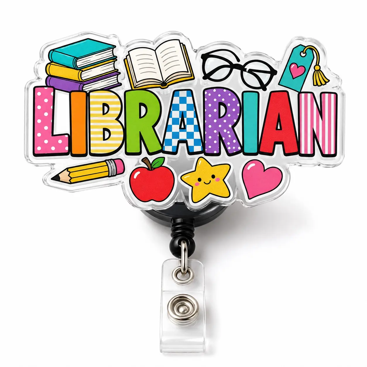2-Inch Book Theme Clip-On Retractable ID Badge Reel, Colorful Acrylic Holder for Library Staff, Playful Icons Design for Office Stationery Identification Supplies