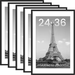 24x36 Picture Frame Set of 5, Display Pictures 20x30 with Mat or 24x36 Without, Wall Gallery Photo Frames, Black