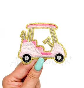 Pink Golf Cart Glitter Embroidery Patch - Small