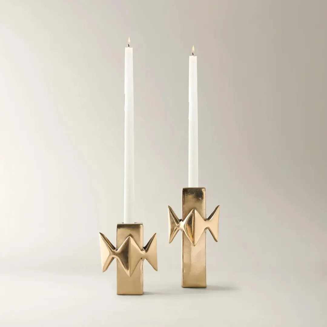 Z Gallerie 2-Piece Aluminium Decorative Stud Taper Candle Holder Set - Modern Sculptural Metallic High-Polish Gold-Toned Handmade Candlestick Holders for Home Decor Supplies