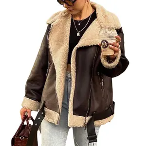 Women Faux Lamb Fur Leather Short Jacket Lapel Zipper Bomber Outwear Faux Suede Lapel Coat Warm Biker Motor Aviator Coat