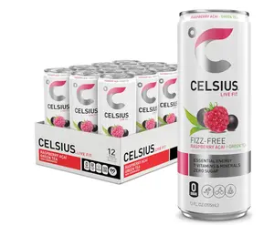 CELSIUS Raspberry Acai Green Tea, Functional Essential Energy Drink 12 Fl Oz (Pack of 12) Packaging may vary