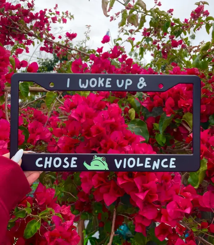 [Kawaii Funny Frog Feminine Style] Chose Violence License Plate Frame, Cute Car Accessories, Kawaii Pink Car Decor, Funny Frog Quote Plate Cover, Car Girl Gag Gift Accessory