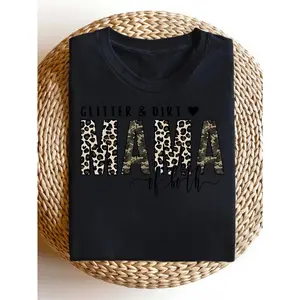Women's Round Neck Shortsleeve Leopard Print Graphic Tshirt - Stretch Medium-Weight Opaque Cotton Clothes, Loose Fit, Casual Chic, Fitted Option, Summer Casual, Machine Washable