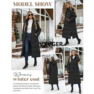 Women’s long puffer down coat, thickened quilted padded jacket, winter warm zip parka with removable hood, buttoned front and slit hem