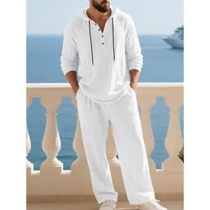 Men's Two-Piece Linen Set, Breathable Quick-Dry Shirt & Drawstring Wide-Leg Pants, Perfect for Beach Vacation Summer Wear, Fall outfit