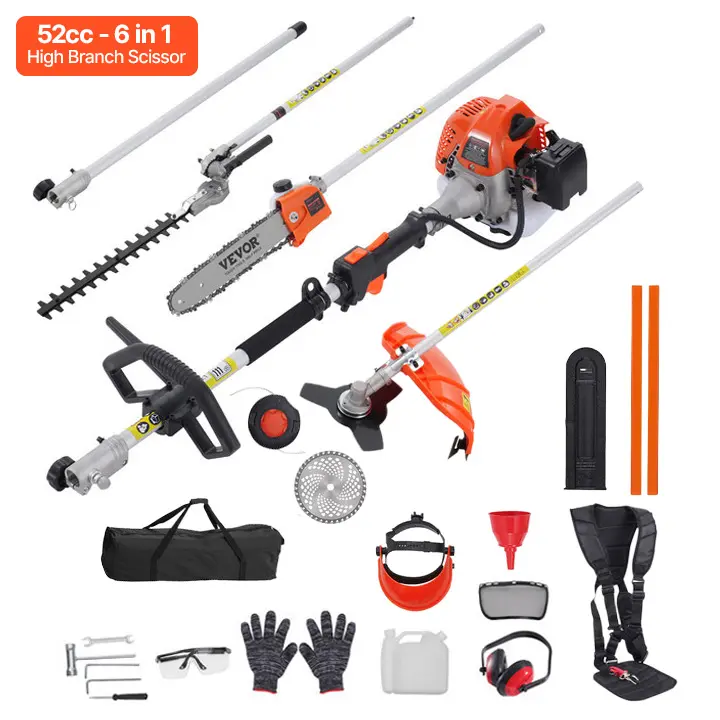 【summerfinds】VEVOR 52CC 6-in-1 Multi-Functional Trimming Tools, Gas Hedge Trimmer, Weed Eater, String Trimmer, Brush Cutter, Edger, Pole Saw Chainsaw Pruner with Extension Pole, Cutting, Grass Trimmer Handle