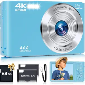 Digital Camera for Teens, FHD 4K 44MP with 64GB SD Card, 16X Digital Zoom, Compact Point Shoot Camera Blue
