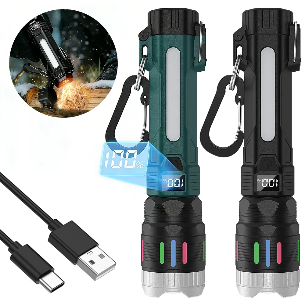 2400 Lumen Tactical Flashlight with Built-in Lighter, Digital Display of Power, Rechargeable, Zoomable, IPX4 Waterproof, Adjustable Brightness Flashlight for Outdoor Survival Campingtiktokshopsummersale tiktokshopsummersale