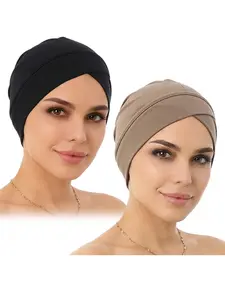 2pcs Ethnic Bottom Hats, Modal Cotton Solid Color Modesty Chemotherapy Cap, Indian Head Wrap Hijab For Muslim Undercap Turban Hat, Comfortable and Stylish