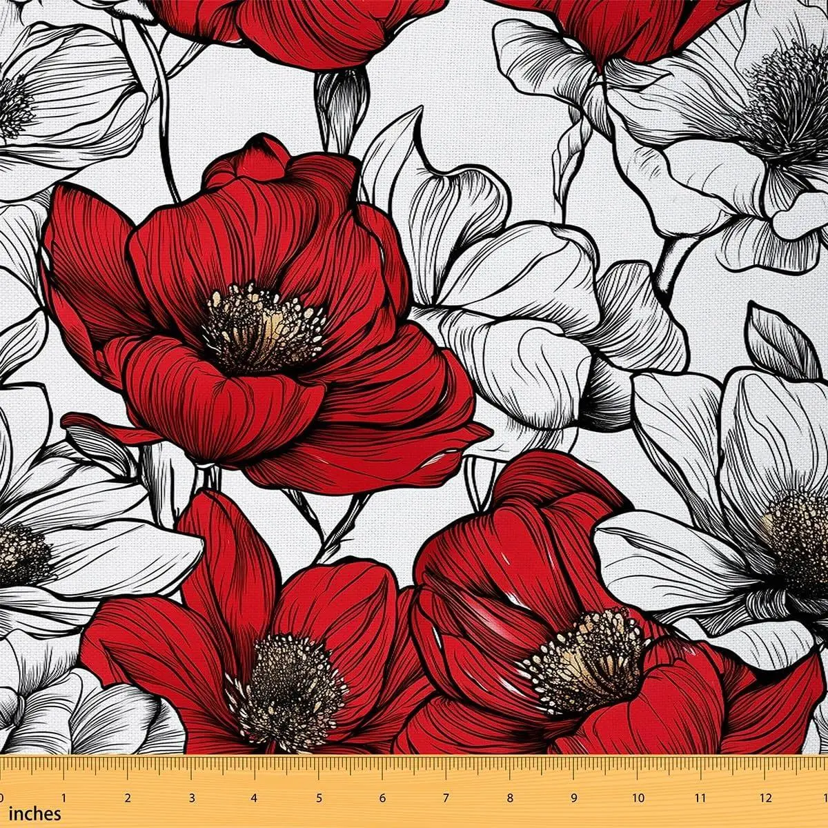 Red Poppy Fabric Abstract Sketch Wild Flowers Decor No Stretch Fabric Sewing Outoor Retro Floral Rustic Style Soft Flannel Polyester Fabric DIY Home Accents Pre-Cut
