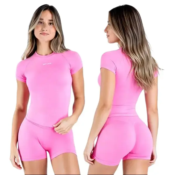 (With Logo) DFYNE Women’s High-Elasticity Sport Set, Short-Sleeve Top and High-Waist Sport Pants.YogaSet，DanceSet，FitnessSet，Cycling，Hiking， ，Running，OutdoorLeisure，Essential items for sports，SportswearSet ，SportsShorts