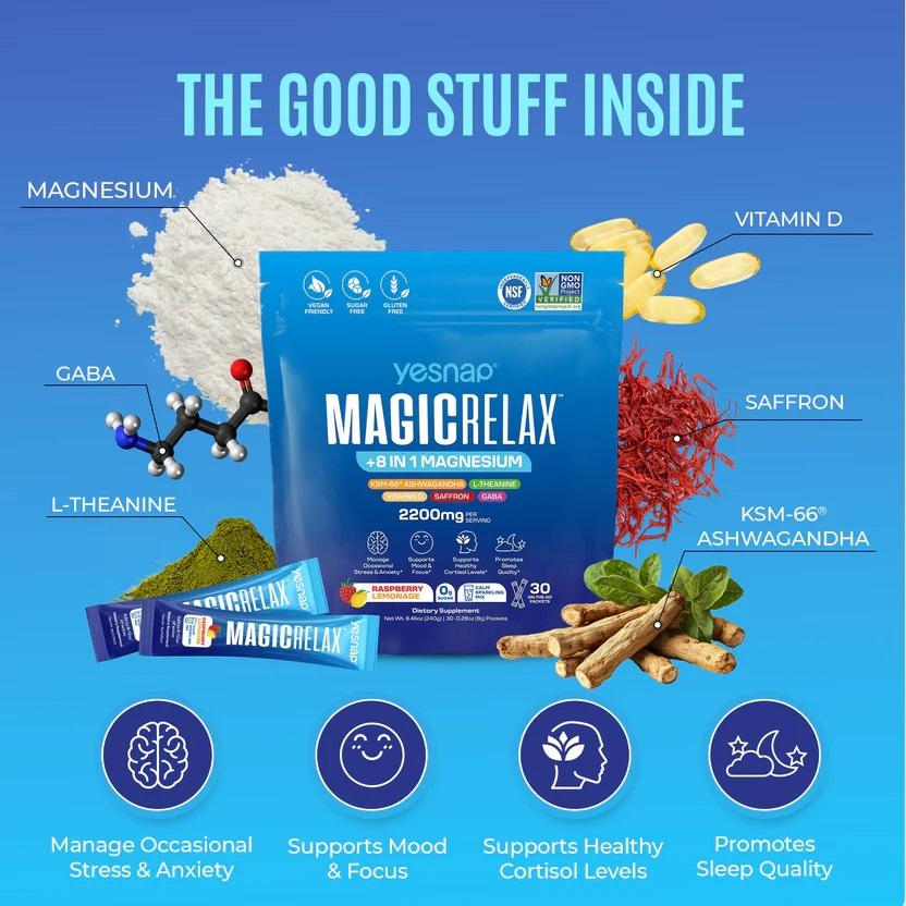 Yesnap MagicRelax 8-in-1 Magnesium Glute Booster,  Magnesium KSM-66 Ashwagandha Saffron Vitamin D3 GABA L-Theanine Supports Cortisol Balance Mood Sleep 30 Servings No Sugar Non GMO Raspberry Lemonade Flavor