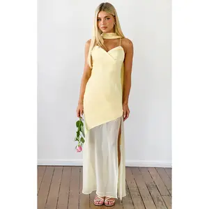 Laila Yellow Satin Scarf Formal Maxi Dress