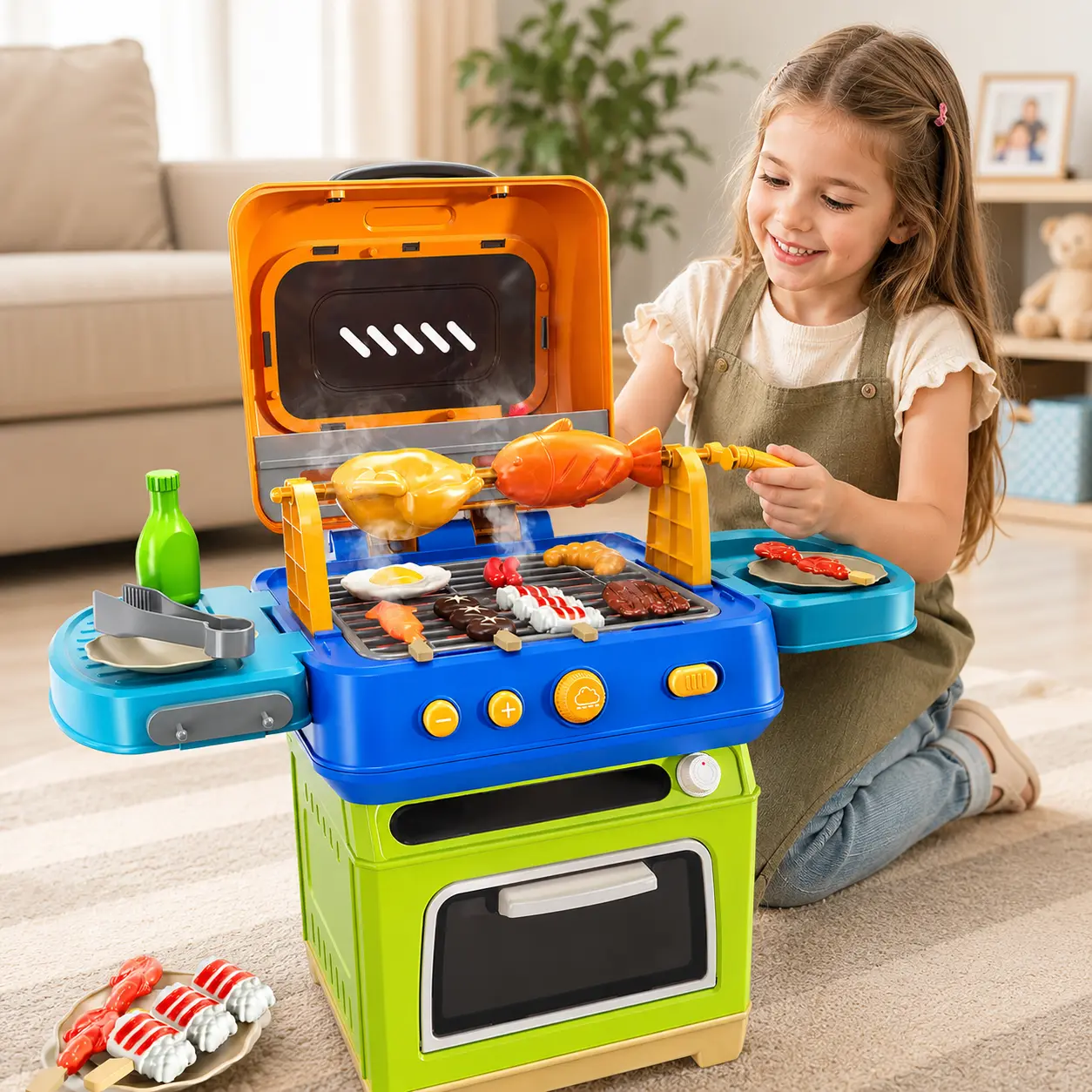 Kids BBQ Grill Pretend Play Set, 2-Tier Play Kitchen Toy With Oven And Smoke Effect, Light And Sound Cooking Playset, Outdoor Barbecue Role Play Toy, Perfect Gift For Boys Girls Ages 4-8