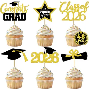 48 PCS Graduation Cupcake Toppers, 6 Styles Congrats Grad Cake Topper, Black and Gold Graduation Decorations 2026, Glittery Cap and Diploma Cake Picks for Grad Party Decor Supplies QZYL
