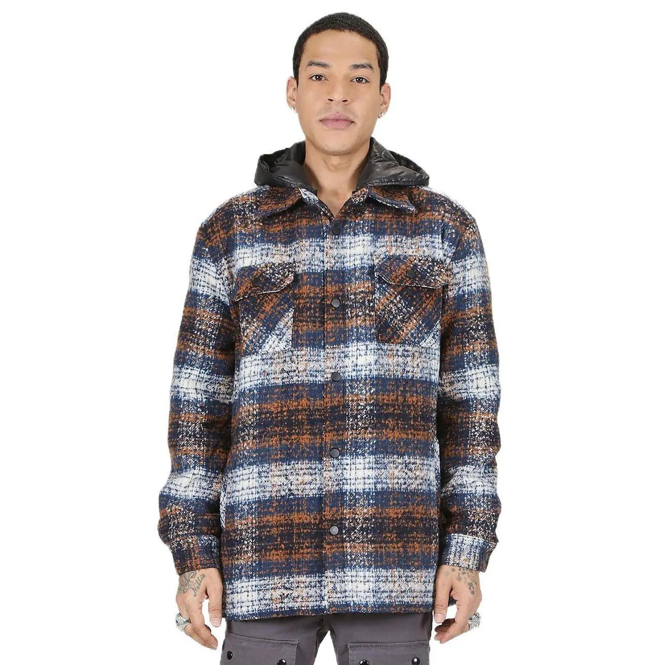 REYNA Men's Oversize Heavy Flannel Outer Shirket with detachable Cire Hoodie