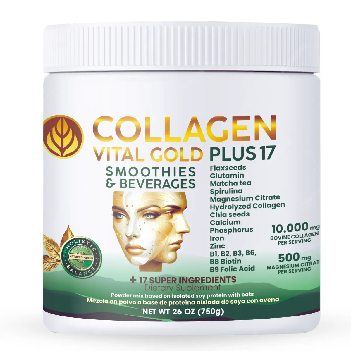 Vital Gold, Mint & Lemon Collagen Powder 26 Oz | All-in-one Formula with +17 Super Ingredients for Beauty, Dietary Support, Hair, Nail Care &  Wellness.