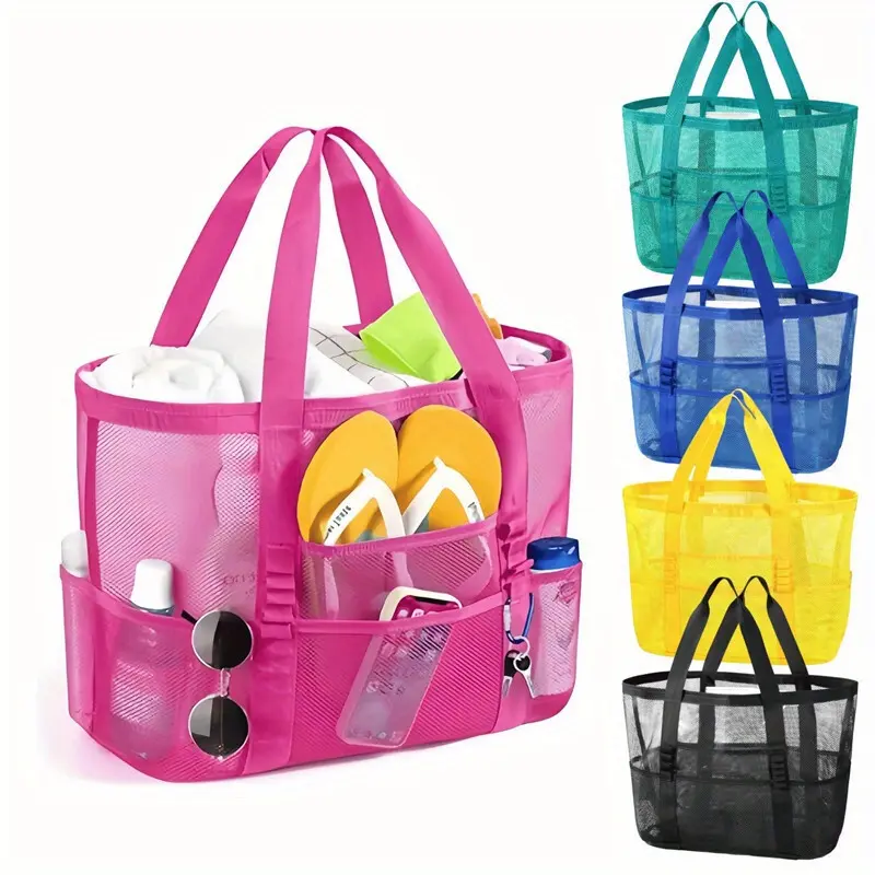 Large Capacity Beach Bag Sandproof Mesh Beach Pool Travel Storage Tote Bag Multi-Pocket Design Family Vacation Essential Beach Bag