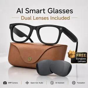 AI Smart Glasses with 8MP HD Camera, Dual Lenses Included, Open-Ear Audio, Real-Time Translation, Voice Assistant, Leather Charging Case, Smart Recording Glasses for Travel Daily Use