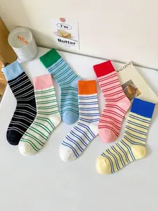 6 Pairs Women's Crew Socks, Random Colors, Candy Stripe Colorblock Ankle Socks, Comfortable Soft, Casual Style, All Seasons
