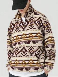 Men's Fleece Half-Zip Pullover Sweatshirt, Fall Winter Warm Hoodie, Casual Long Sleeve Top, Comfortable and Stylish Clothing, Ethnic Pattern Sweatshirts