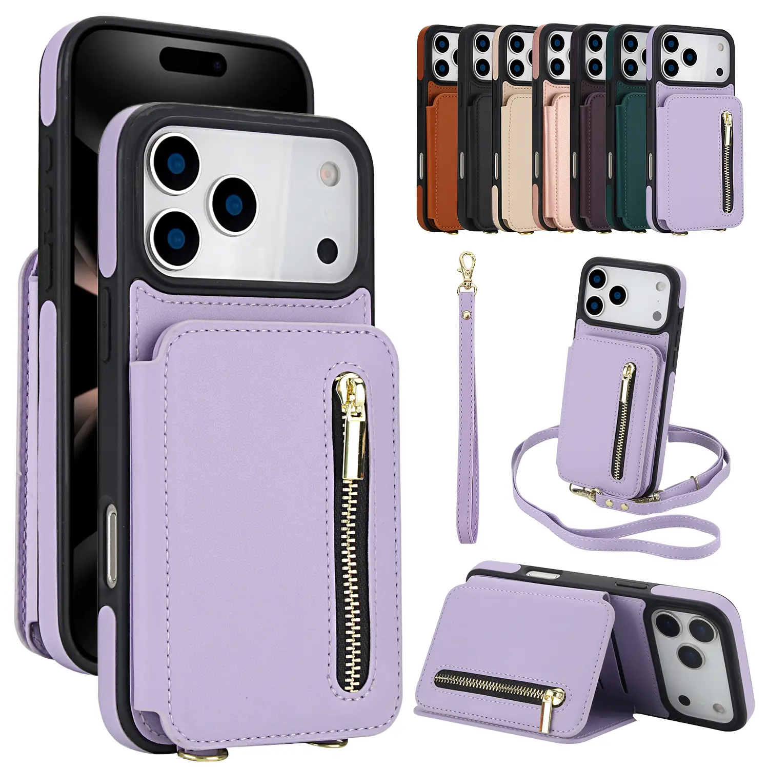 Crossbody Wallet Case for iPhone 17 16 15 14 13 12 11 Pro Max 17 Air, Flip Kickstand Case with RFID Blocking Card Slots Holder, Zipper Handbag Phone C