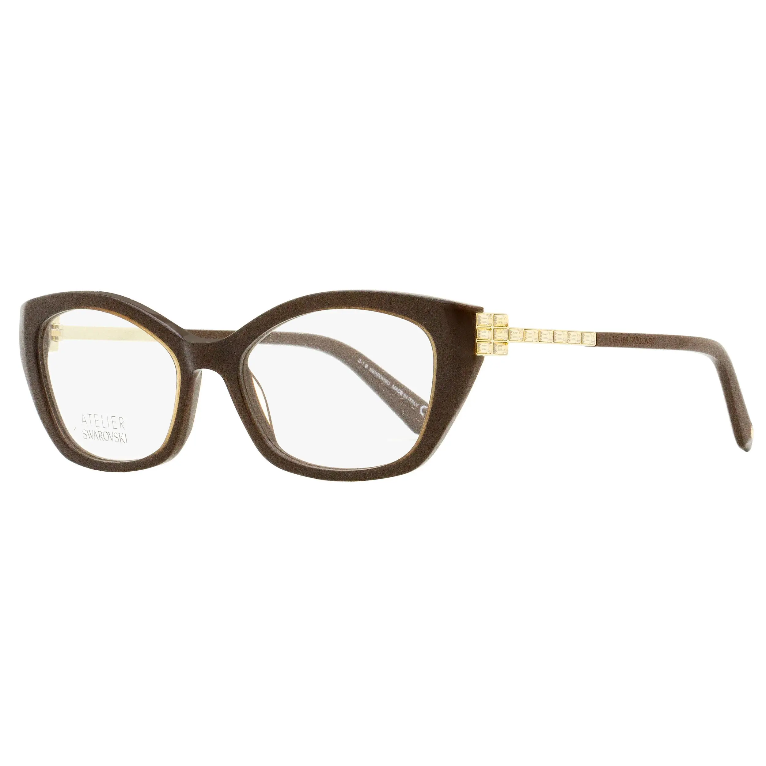 Swarovski Atelier SK5361P Women's Rectangular Eyeglasses with Exclusive Crystal Accents, Brown and Gold Statement Frames, 52mm, Rectangular Glasses, Statement Frame Glasses, Exquisite Detail, Demo Lens, Female, Demo Lenses, Opulent Look, Luxury Wear, Bisp