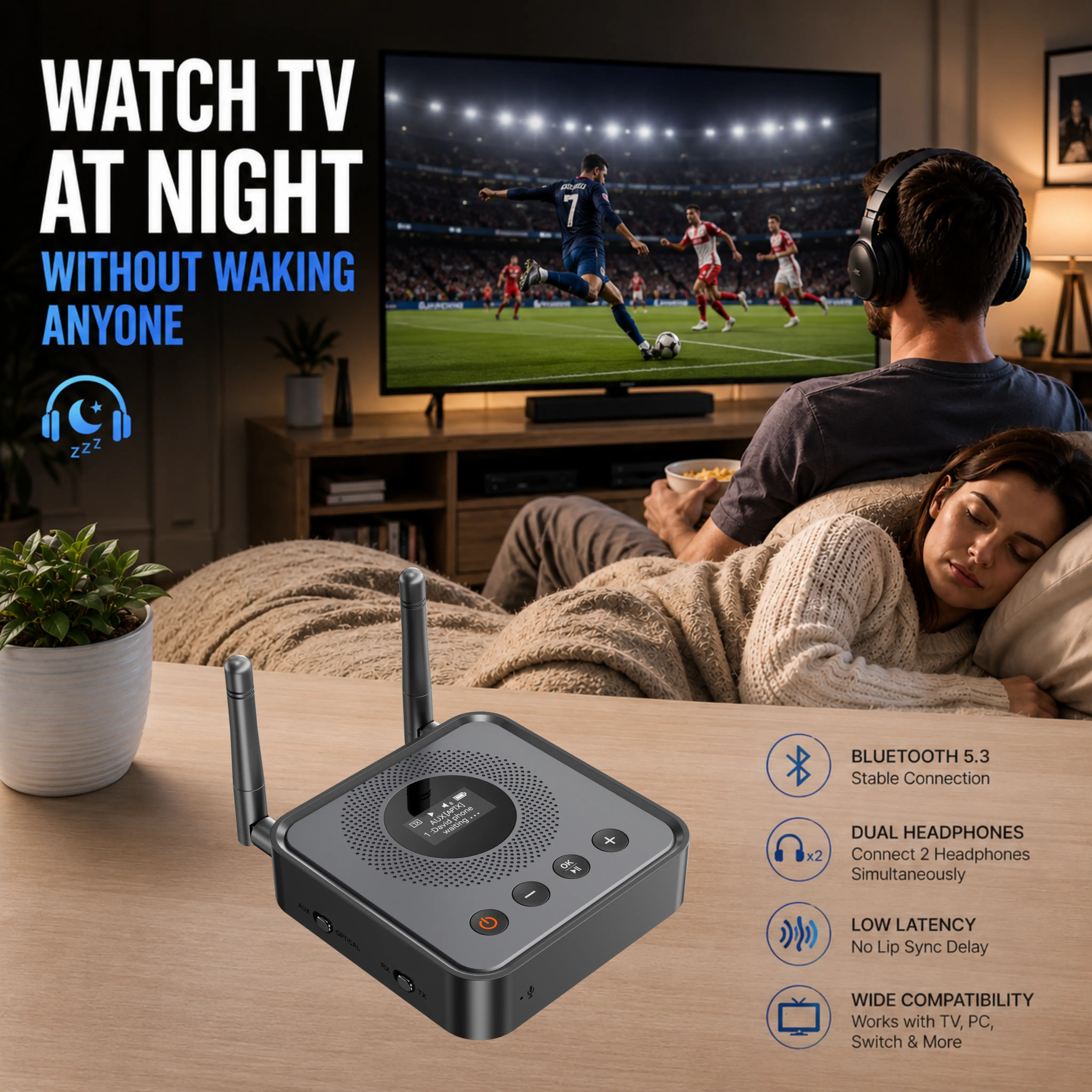 Low-latency Bluetooth 5.3 transmitter and receiver adapter | OLED visual pairing, suitable for TVs, dual headphones, and home audio systems | Fiber optic, AUX, RCA ports